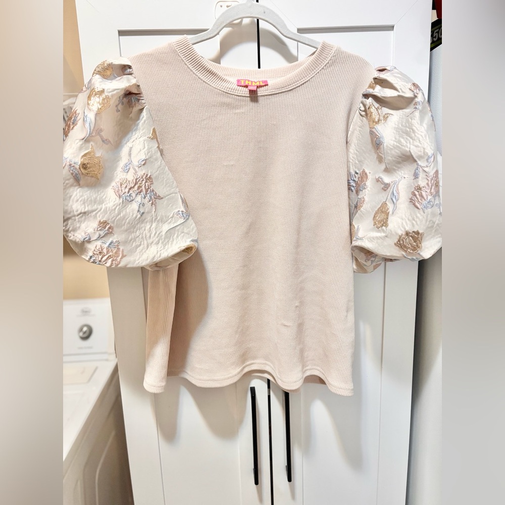 THML Ivory Puff-Sleeve Ribbed Top - Floral Jacquard Sleeves